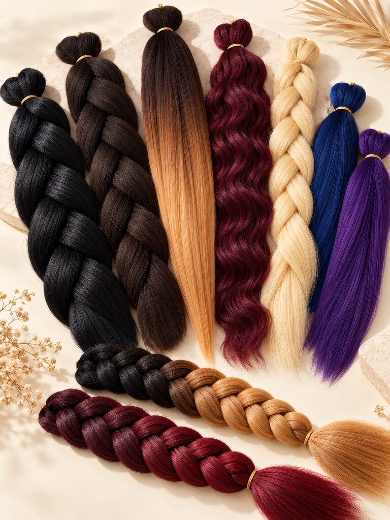 Muestrario de fibras kanekalon en distintos colores, texturas y acabados para trenzas